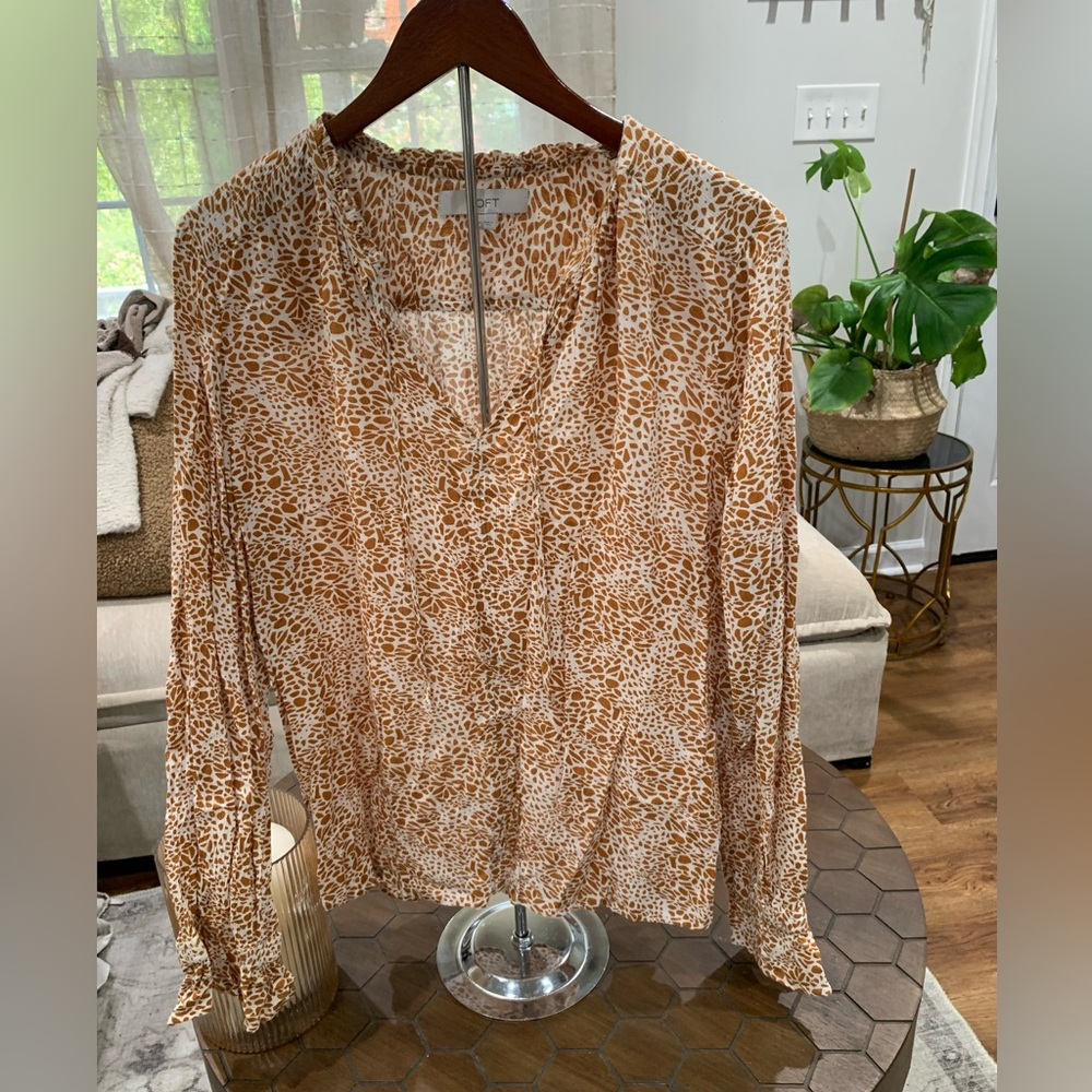 LOFT Rust Colored Animal Print Ruffle Long Sleeve Blouse